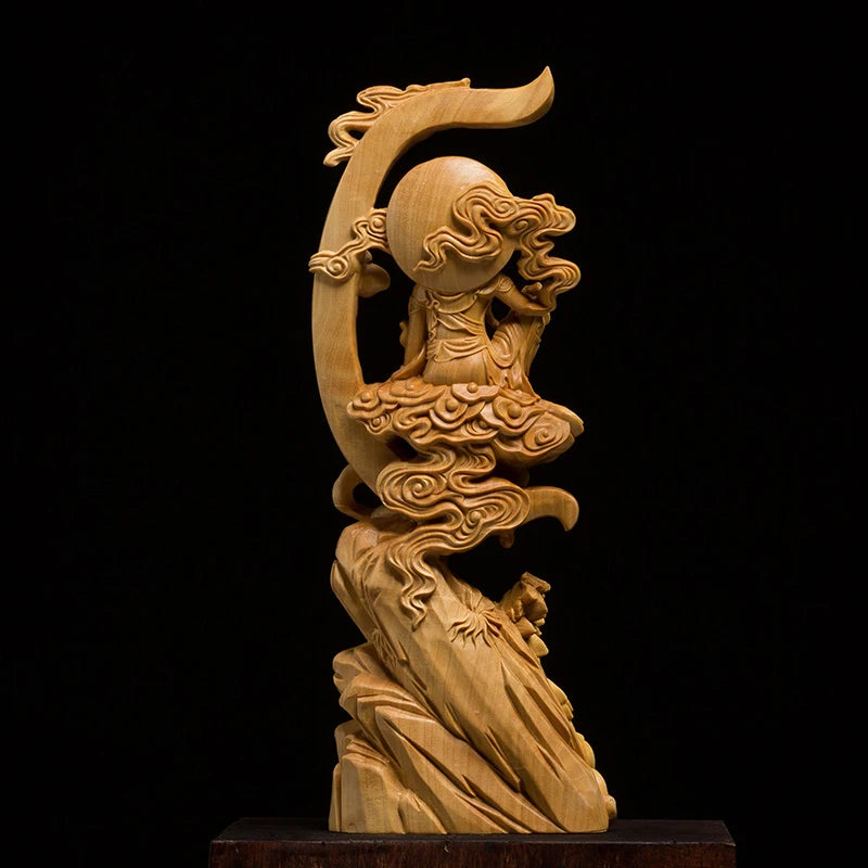 Wooden Water Moon Guanyin Figure Decoration Statue Solid Wood Carving Chinese Buddha Statues Home Room Office Feng Shui Statue