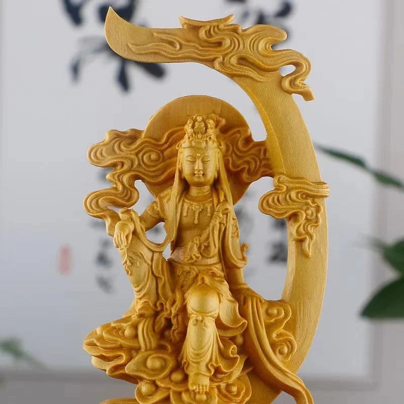 Wooden Water Moon Guanyin Figure Decoration Statue Solid Wood Carving Chinese Buddha Statues Home Room Office Feng Shui Statue
