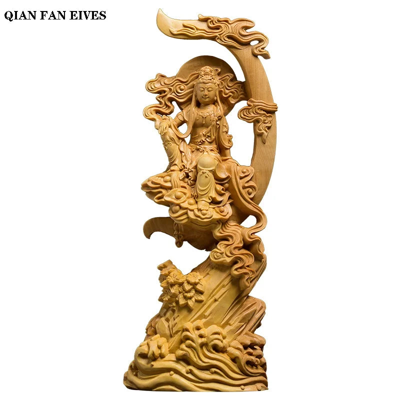 Wooden Water Moon Guanyin Figure Decoration Statue Solid Wood Carving Chinese Buddha Statues Home Room Office Feng Shui Statue