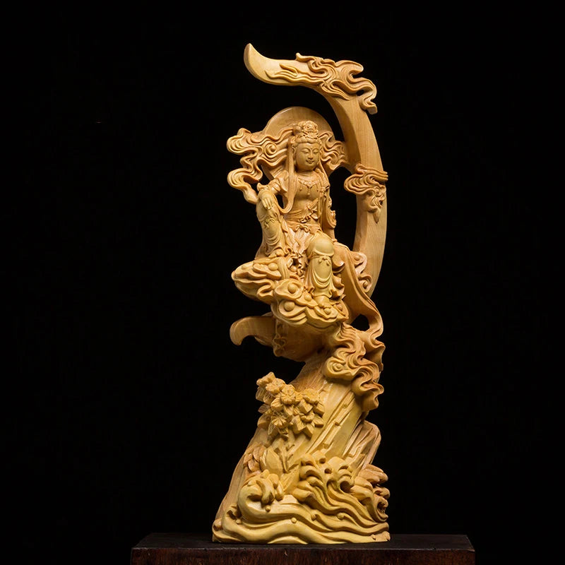 Wooden Water Moon Guanyin Figure Decoration Statue Solid Wood Carving Chinese Buddha Statues Home Room Office Feng Shui Statue
