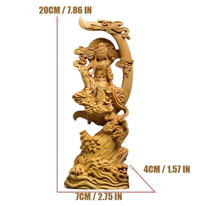Wooden Water Moon Guanyin Figure Decoration Statue Solid Wood Carving Chinese Buddha Statues Home Room Office Feng Shui Statue