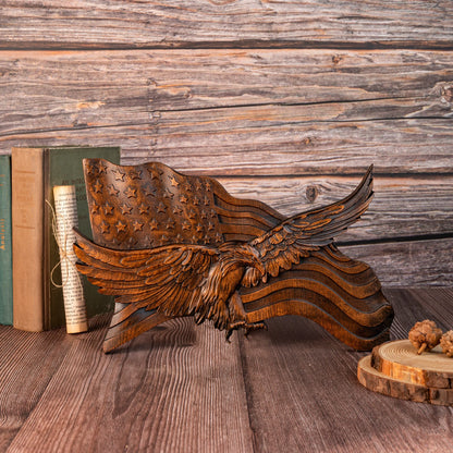 Wooden american flag with eagle wooden sign condor flag wood carving wall decoration 3d carving american flag and condor