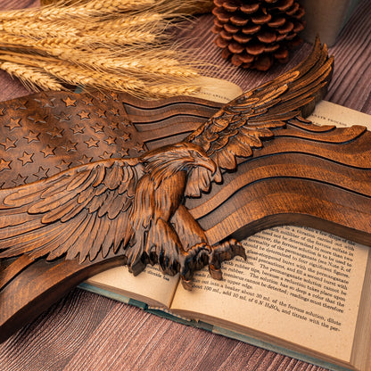 Wooden american flag with eagle wooden sign condor flag wood carving wall decoration 3d carving american flag and condor