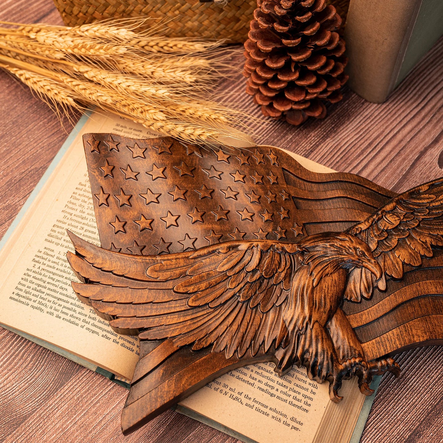Wooden american flag with eagle wooden sign condor flag wood carving wall decoration 3d carving american flag and condor