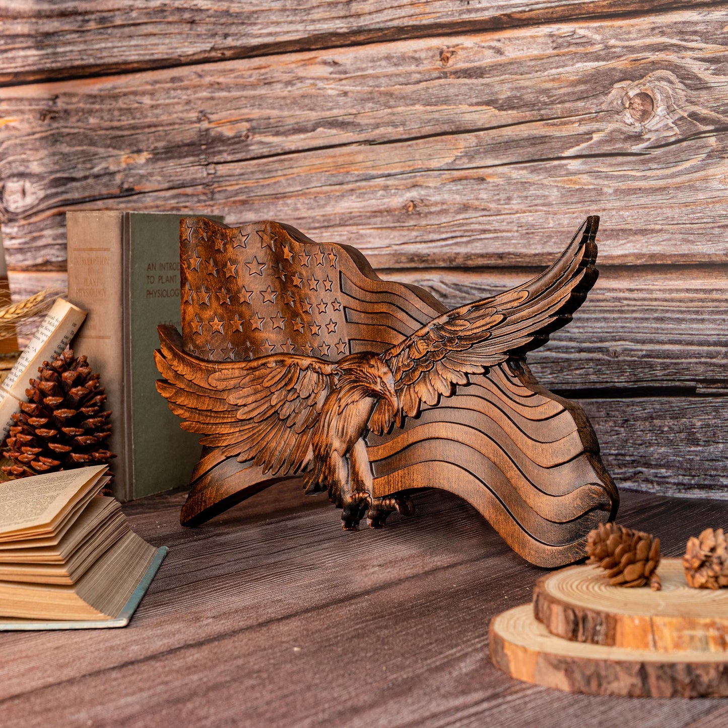 Wooden american flag with eagle wooden sign condor flag wood carving wall decoration 3d carving american flag and condor