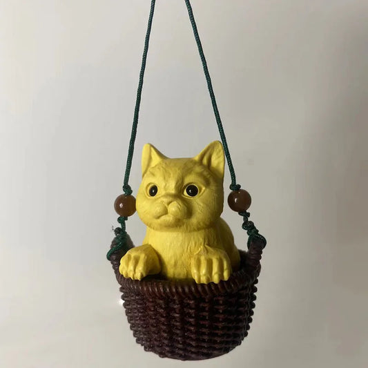 Wooden animal Flower Basket Kitten Decor Statue- Modern Art Sculpture- chinese wood-Room ornaments- Small wood decorations