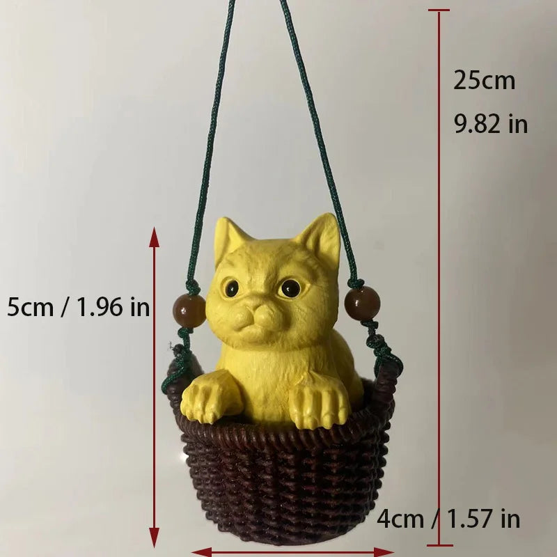 Wooden animal Flower Basket Kitten Decor Statue- Modern Art Sculpture- chinese wood-Room ornaments- Small wood decorations