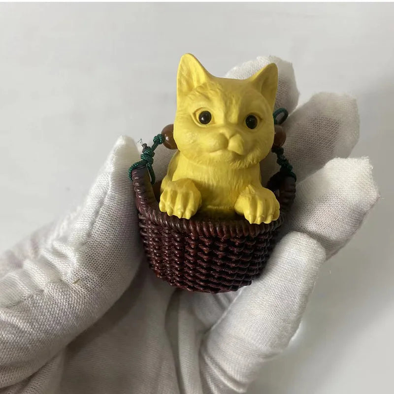 Wooden animal Flower Basket Kitten Decor Statue- Modern Art Sculpture- chinese wood-Room ornaments- Small wood decorations