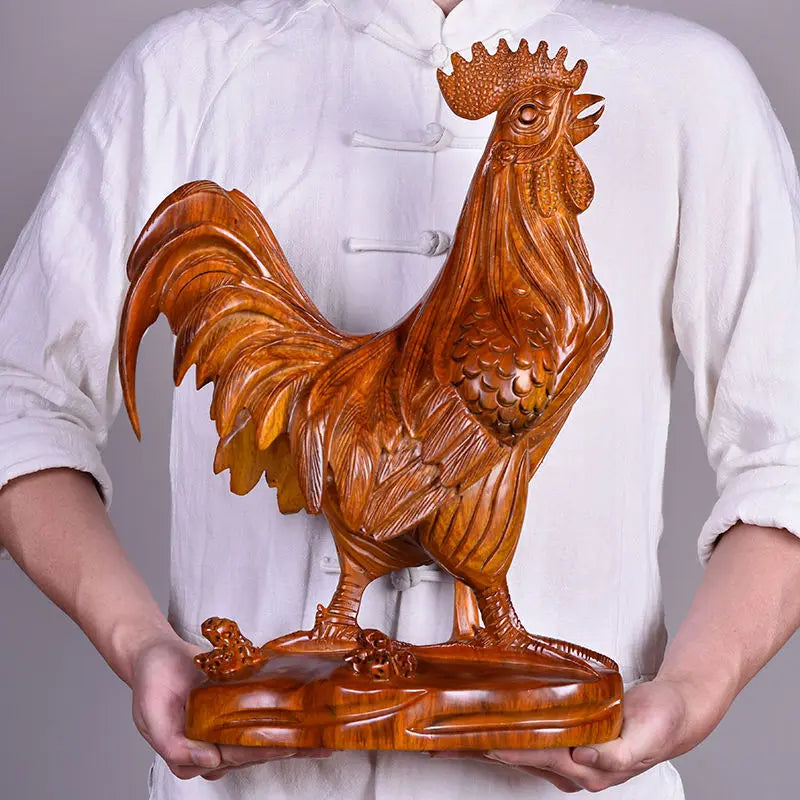 Wooden carved rooster ornaments, yellow pear, solid wood carving, attracting wealth, twelve zodiac animals, home crafts