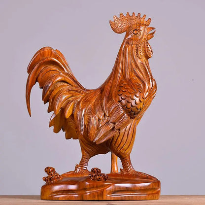 Wooden carved rooster ornaments, yellow pear, solid wood carving, attracting wealth, twelve zodiac animals, home crafts