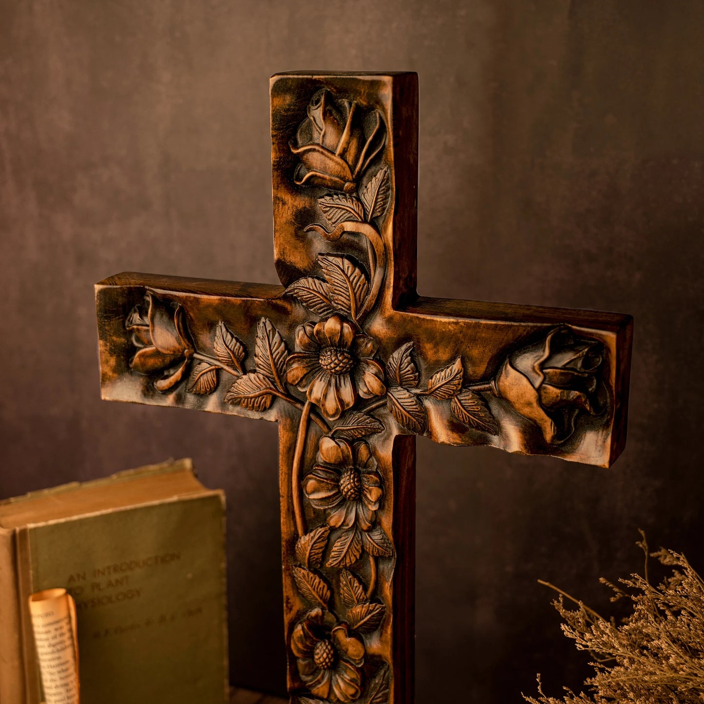 Wooden carved rose cross decorative art, wooden cross hanging on wall, religious wall decoration, inspirational minimalism
