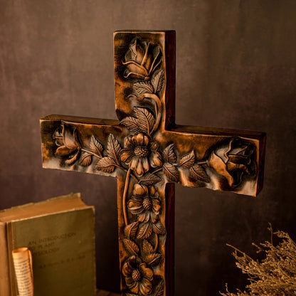 Wooden carved rose cross decorative art, wooden cross hanging on wall, religious wall decoration, inspirational minimalism