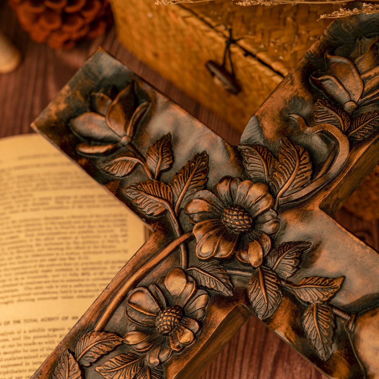 Wooden carved rose cross decorative art, wooden cross hanging on wall, religious wall decoration, inspirational minimalism