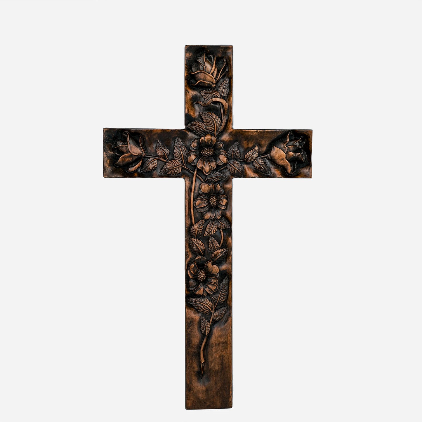 Wooden carved rose cross decorative art, wooden cross hanging on wall, religious wall decoration, inspirational minimalism