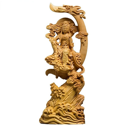 Wooden carved sun and moon Guanyin statue  Modern art sculpture Chinese  Guanyin Bodhisattva Home living room decoration statue