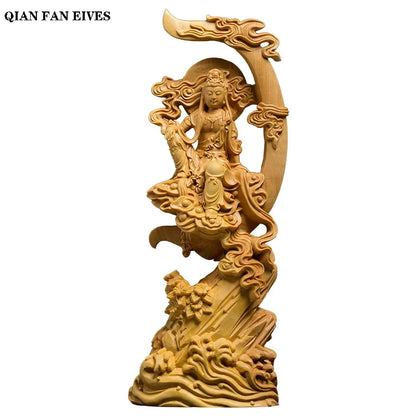 Wooden carved sun and moon Guanyin statue  Modern art sculpture Chinese  Guanyin Bodhisattva Home living room decoration statue