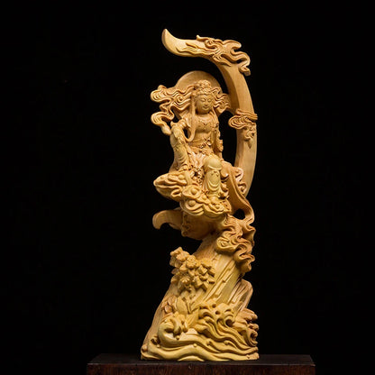 Wooden carved sun and moon Guanyin statue  Modern art sculpture Chinese  Guanyin Bodhisattva Home living room decoration statue