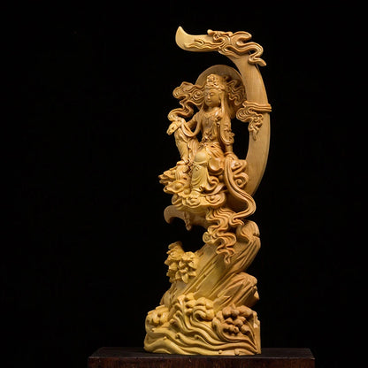 Wooden carved sun and moon Guanyin statue  Modern art sculpture Chinese  Guanyin Bodhisattva Home living room decoration statue
