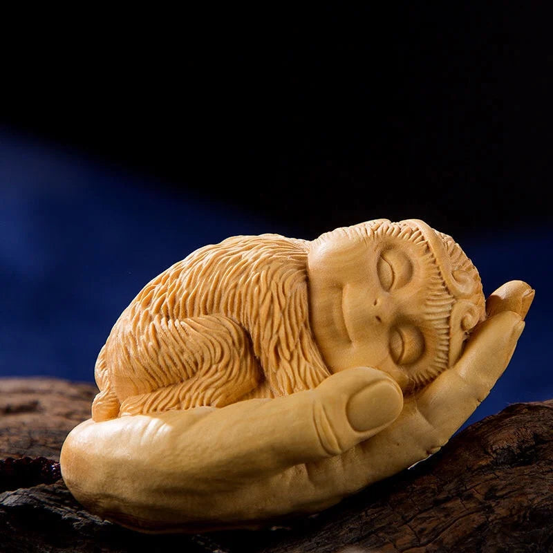 Wooden carving handle piece, small leaf boxwood carving, zodiac animal, monkey palm, monkey, man's carry on small ornament
