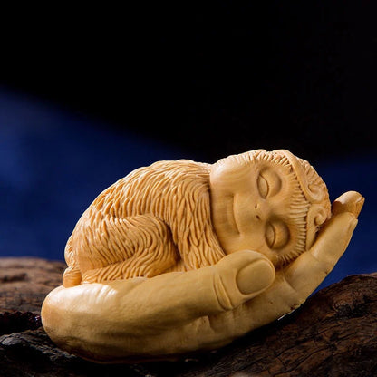 Wooden carving handle piece, small leaf boxwood carving, zodiac animal, monkey palm, monkey, man's carry on small ornament