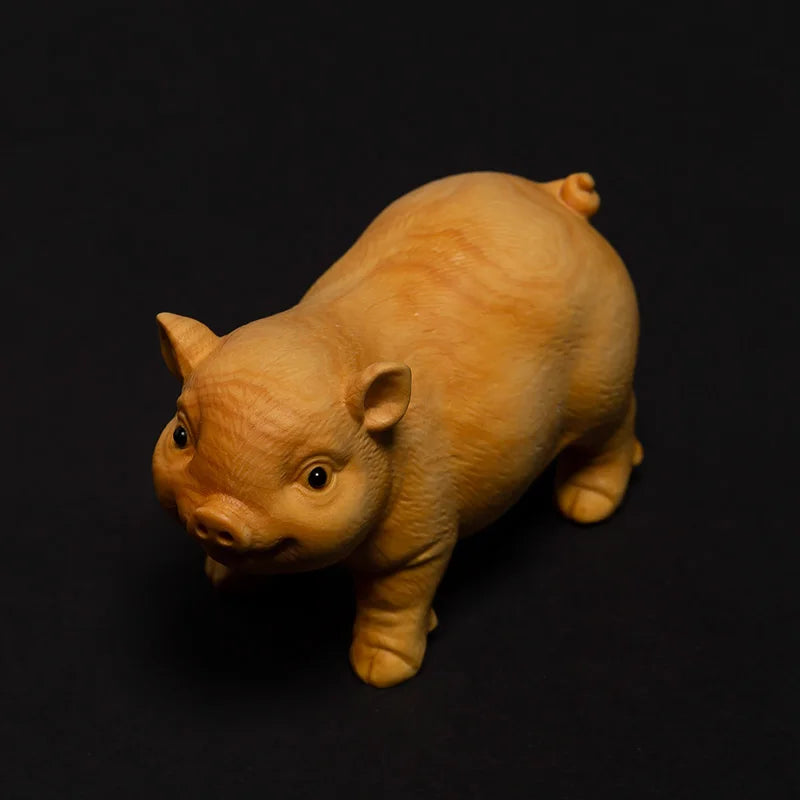 Wooden cute piggy desktop figurines Hand-carved crafts Zodiac Pig Home Office Desktop Decoration Gift statue free shipping