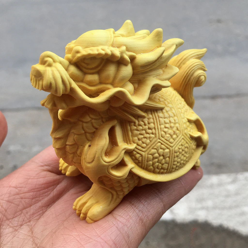 Wooden dragon tortoise mascot sculpture statue Hand carved solid wood God beast Dragon tortoise Home wealth Figurine