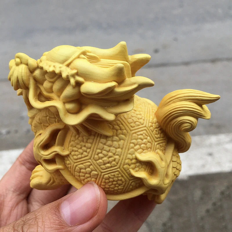 Wooden dragon tortoise mascot sculpture statue Hand carved solid wood God beast Dragon tortoise Home wealth Figurine