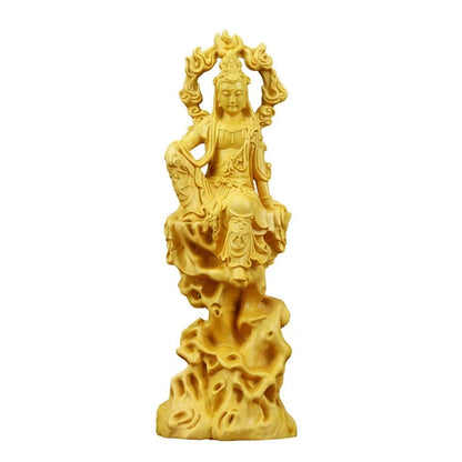 Wooden flame Guanyin statue Solid wood carving artwork Home living room, room feng shui statue Creative Buddha statue decoration