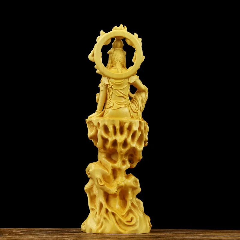 Wooden flame Guanyin statue Solid wood carving artwork Home living room, room feng shui statue Creative Buddha statue decoration