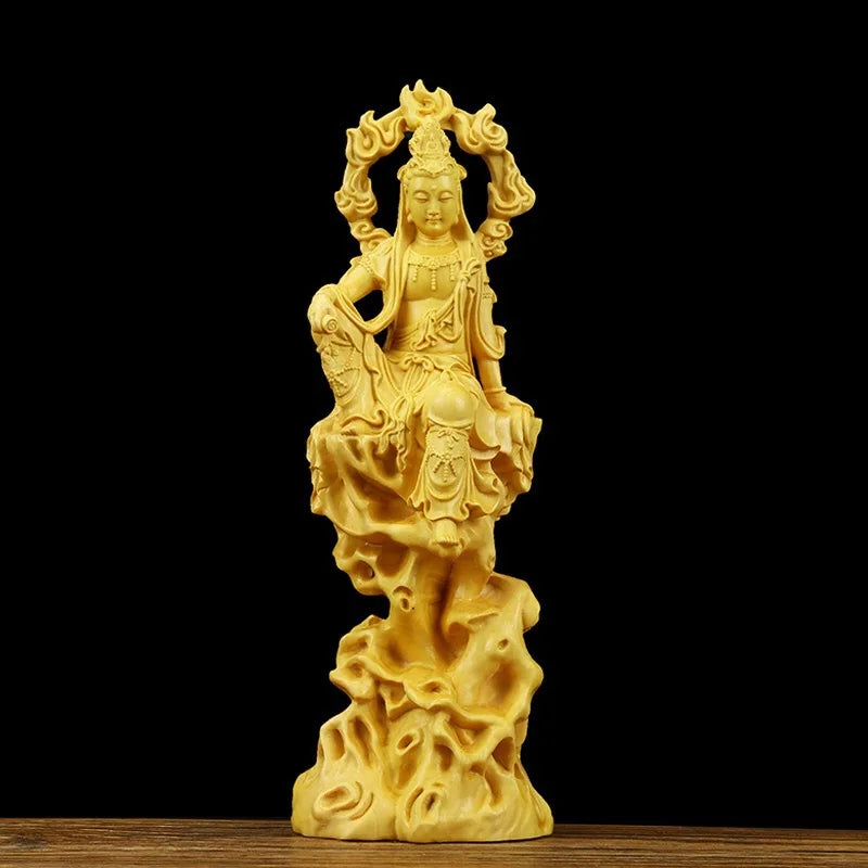 Wooden flame Guanyin statue Solid wood carving artwork Home living room, room feng shui statue Creative Buddha statue decoration