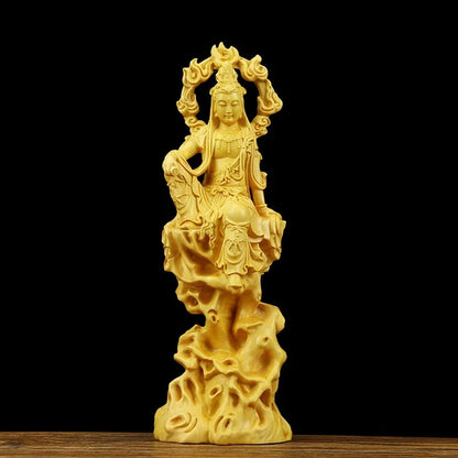 Wooden flame Guanyin statue Solid wood carving artwork Home living room, room feng shui statue Creative Buddha statue decoration