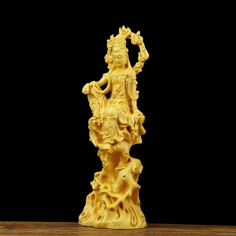 Wooden flame Guanyin statue Solid wood carving artwork Home living room, room feng shui statue Creative Buddha statue decoration