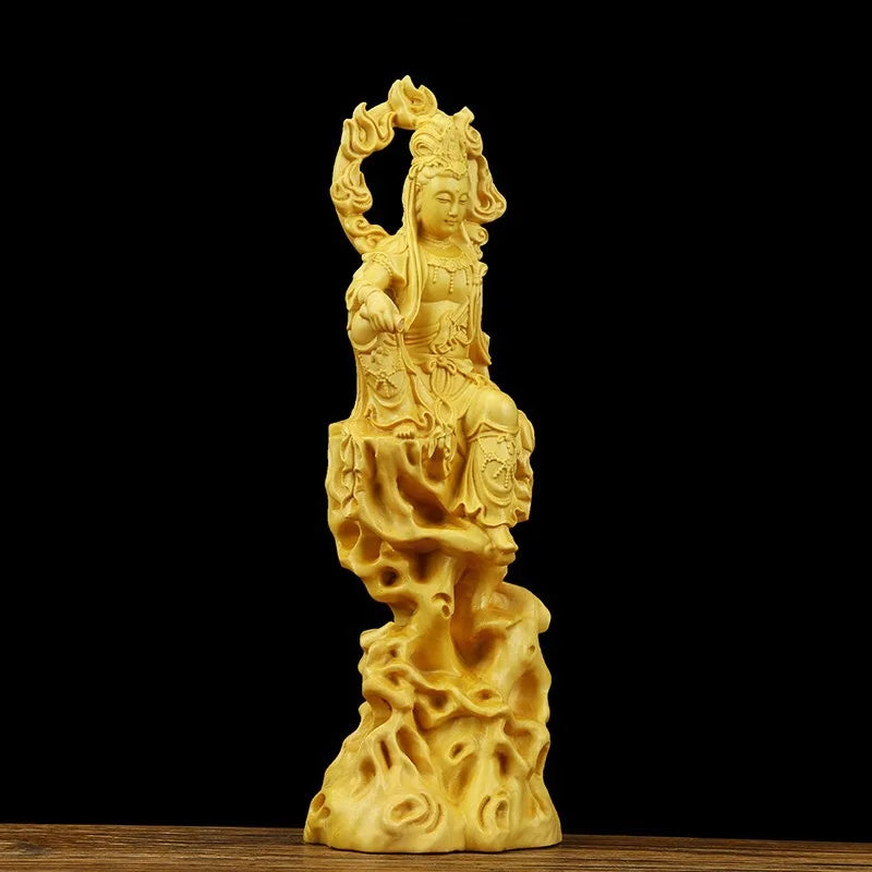 Wooden flame Guanyin statue Solid wood carving artwork Home living room, room feng shui statue Creative Buddha statue decoration