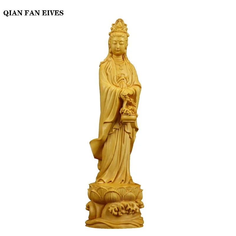 Wooden flower basket Guanyin Bodhisattva statue Solid wood carving Home living room, room art statue Feng Shui Buddha statue