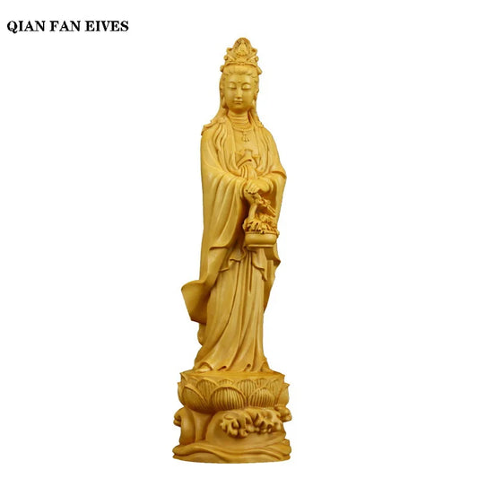 Wooden flower basket Guanyin Bodhisattva statue Solid wood carving Home living room, room art statue Feng Shui Buddha statue
