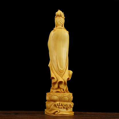 Wooden flower basket Guanyin Bodhisattva statue Solid wood carving Home living room, room art statue Feng Shui Buddha statue