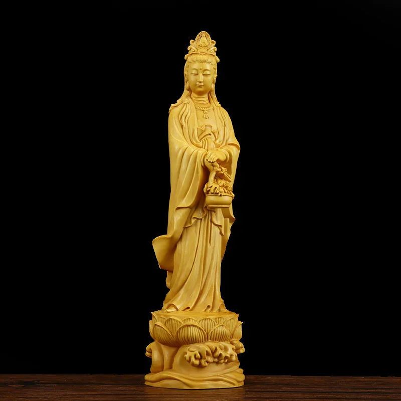 Wooden flower basket Guanyin Bodhisattva statue Solid wood carving Home living room, room art statue Feng Shui Buddha statue