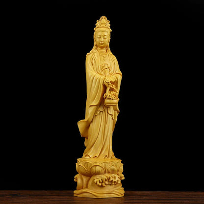 Wooden flower basket Guanyin Bodhisattva statue Solid wood carving Home living room, room art statue Feng Shui Buddha statue