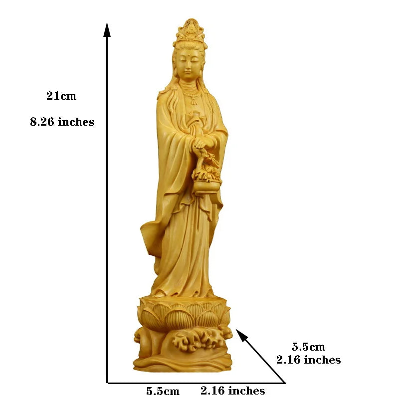 Wooden flower basket Guanyin Bodhisattva statue Solid wood carving Home living room, room art statue Feng Shui Buddha statue