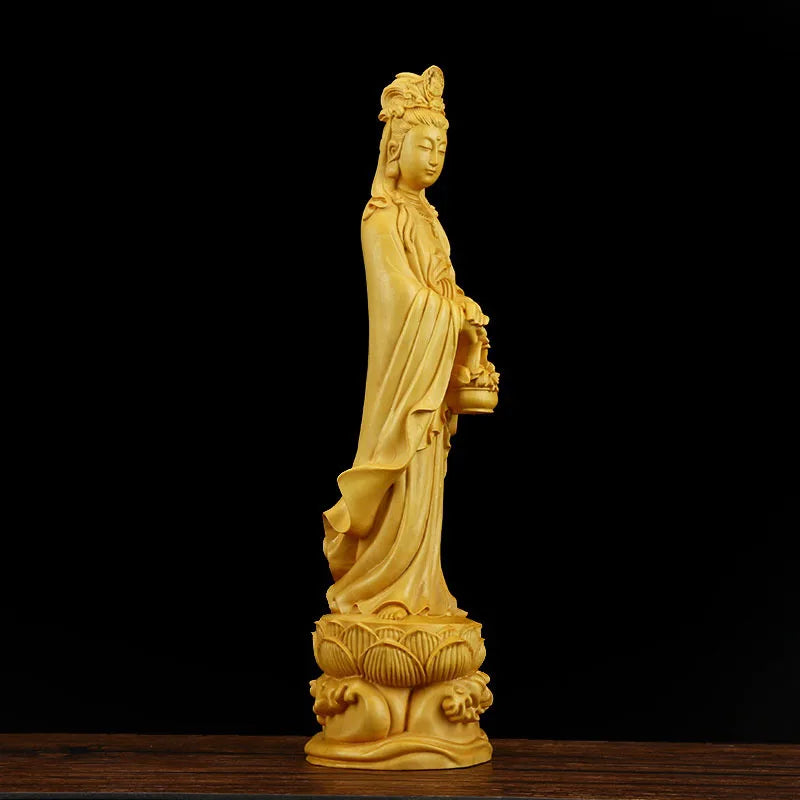 Wooden flower basket Guanyin Bodhisattva statue Solid wood carving Home living room, room art statue Feng Shui Buddha statue