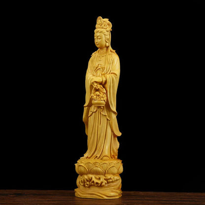 Wooden flower basket Guanyin Bodhisattva statue Solid wood carving Home living room, room art statue Feng Shui Buddha statue