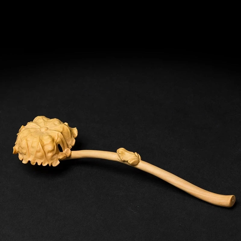 Wooden lotus leaf frog, Ruyi carved statue, solid wood house to play the handle, decorative carving parts