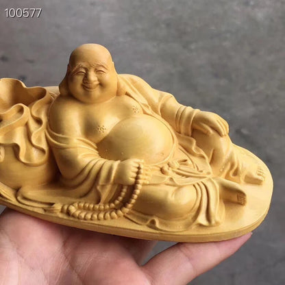 Wooden smiling Buddha statue solid wood carving  Modern craft sculpture artwork  Home decorationgift God of Wealth Buddha statue