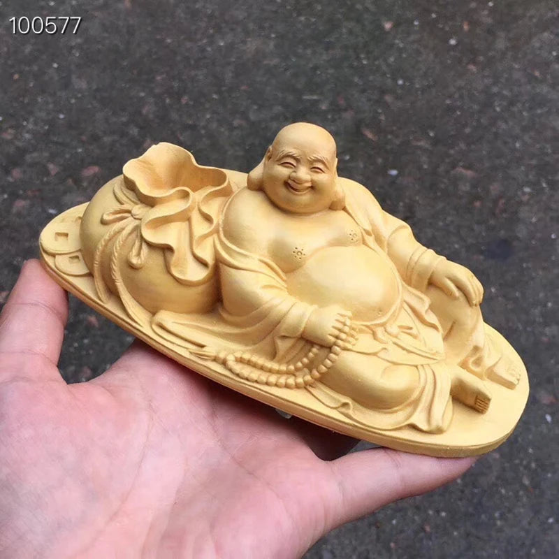 Wooden smiling Buddha statue solid wood carving  Modern craft sculpture artwork  Home decorationgift God of Wealth Buddha statue