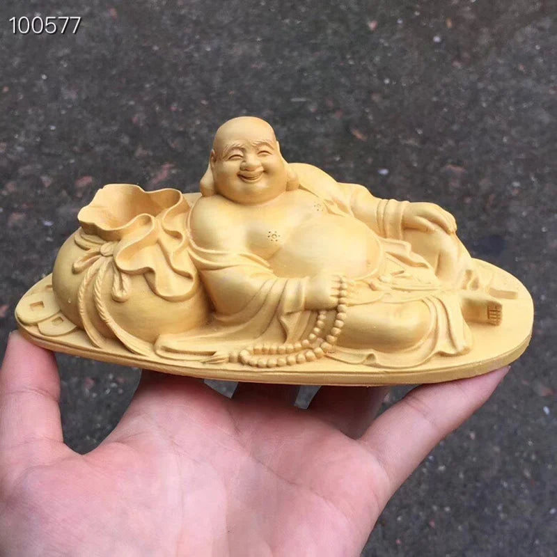 Wooden smiling Buddha statue solid wood carving  Modern craft sculpture artwork  Home decorationgift God of Wealth Buddha statue