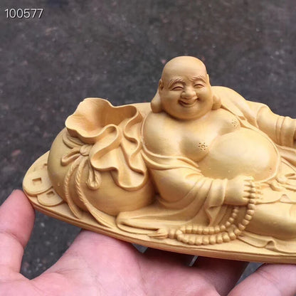 Wooden smiling Buddha statue solid wood carving  Modern craft sculpture artwork  Home decorationgift God of Wealth Buddha statue