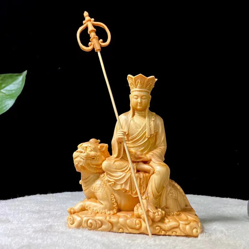Wooden statue of Earth Store Bodhisattva riding a beast Hand-carved in solid wood Home Living Room, Room Feng Shui Statue