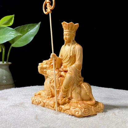 Wooden statue of Earth Store Bodhisattva riding a beast Hand-carved in solid wood Home Living Room, Room Feng Shui Statue