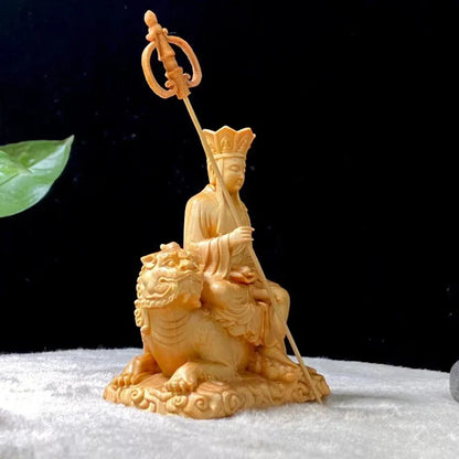 Wooden statue of Earth Store Bodhisattva riding a beast Hand-carved in solid wood Home Living Room, Room Feng Shui Statue