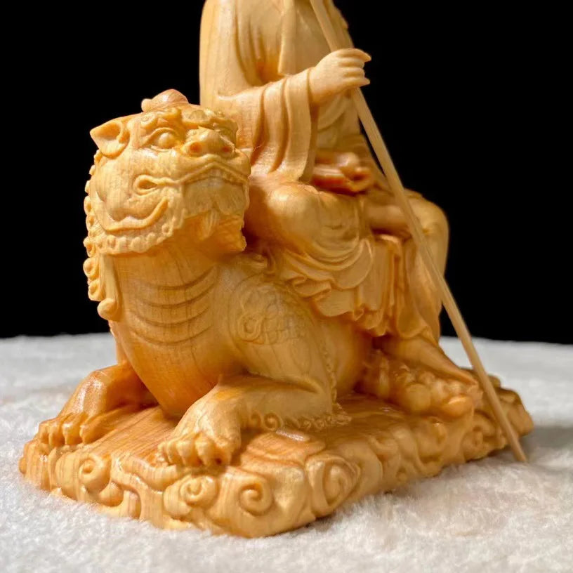 Wooden statue of Earth Store Bodhisattva riding a beast Hand-carved in solid wood Home Living Room, Room Feng Shui Statue